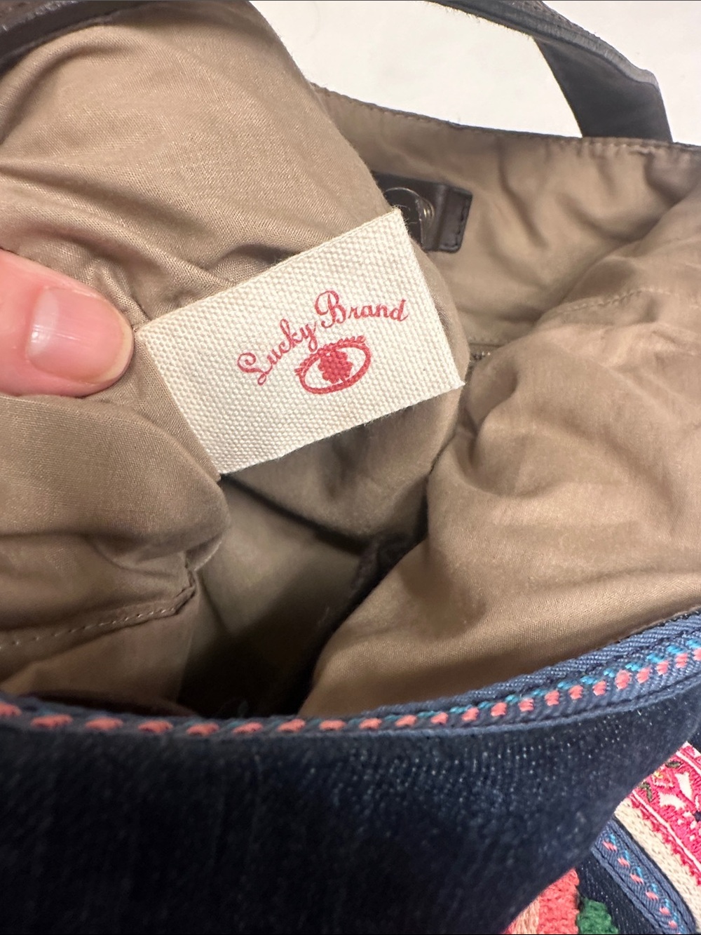 Lucky Brand Navy Canvas Hobo with Pink and Coral Embroidered Floral Panel - Picture 2 of 7